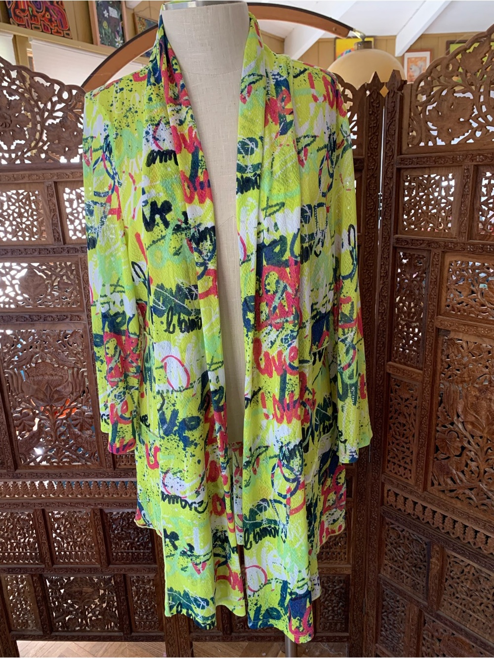 Multiples Neon Graffiti Open-Front Cardigan in Lime, Navy & Pink